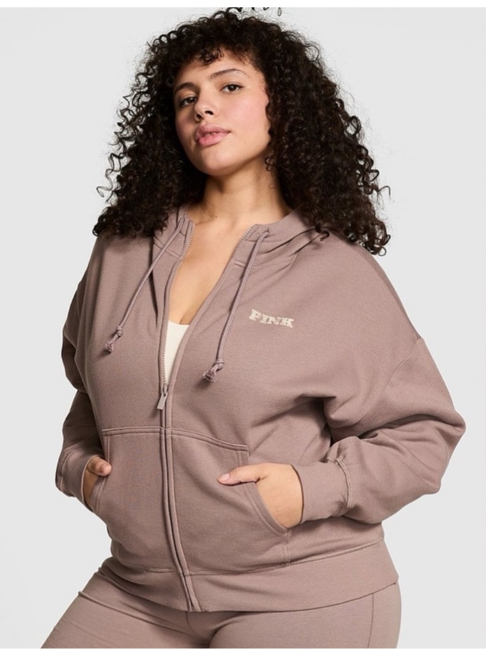 PINK Victoria's Secret campus fleece - Dusty Taupe Full-Zip Hoodie
